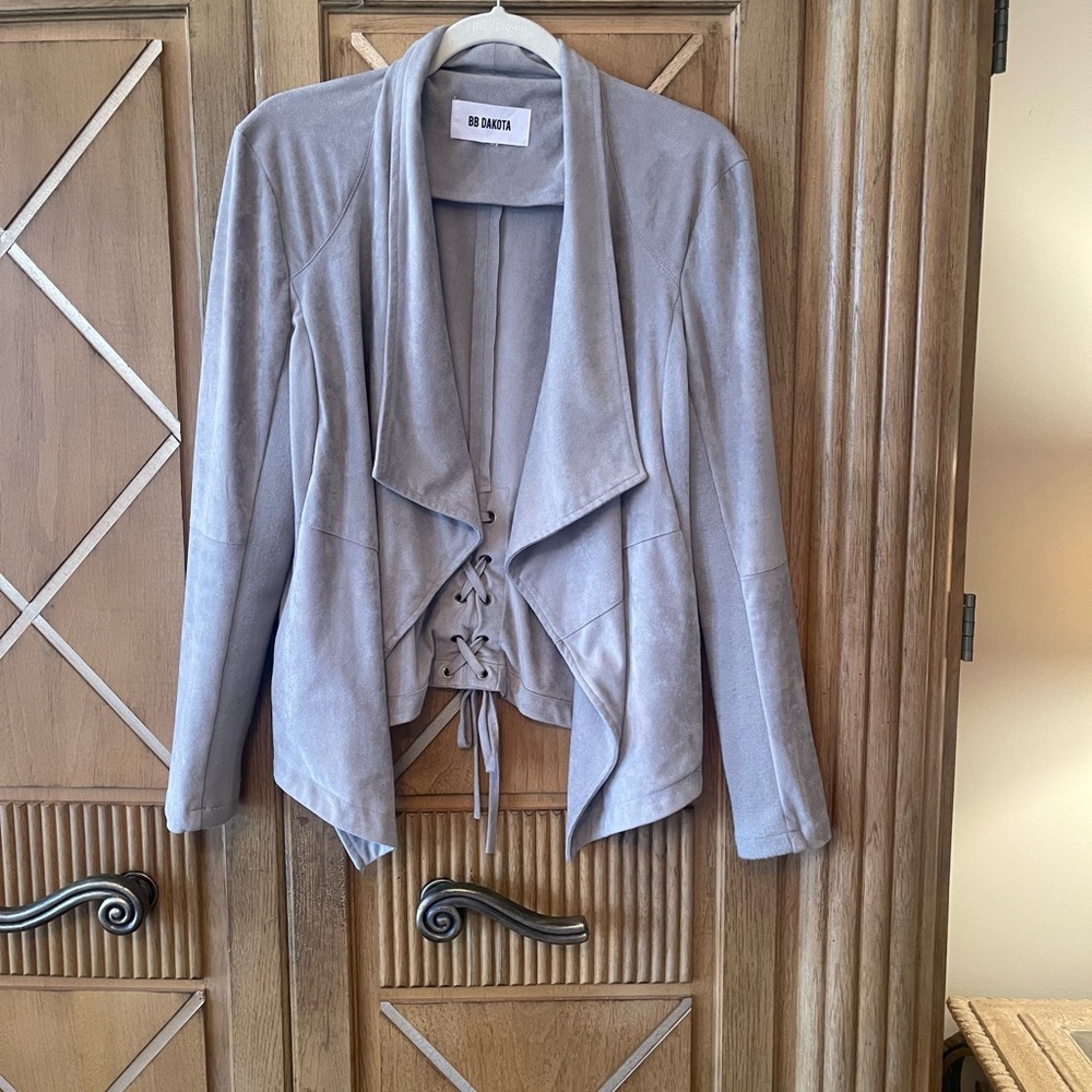 BB Dakota Soft Gray Faux Suede Jacket with Lace Up Details in the Back